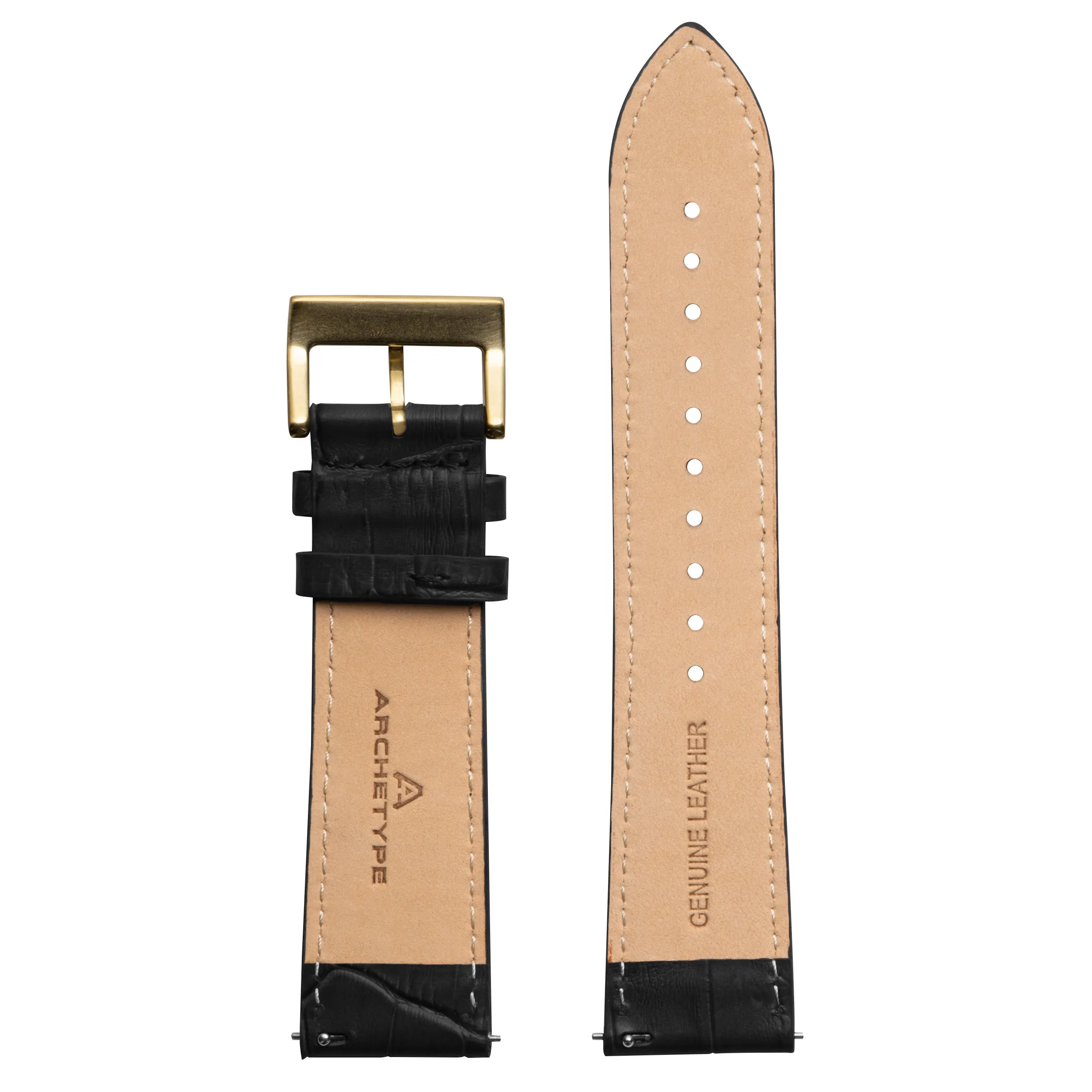 22mm Embossed Croc Black Strap Gold Buckle