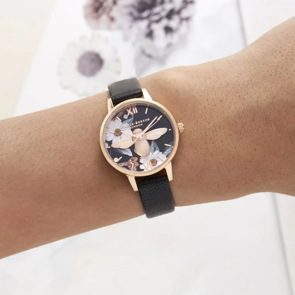 3D Bee Bejewelled Florals Midi Dial Black and Rose Gold Watch