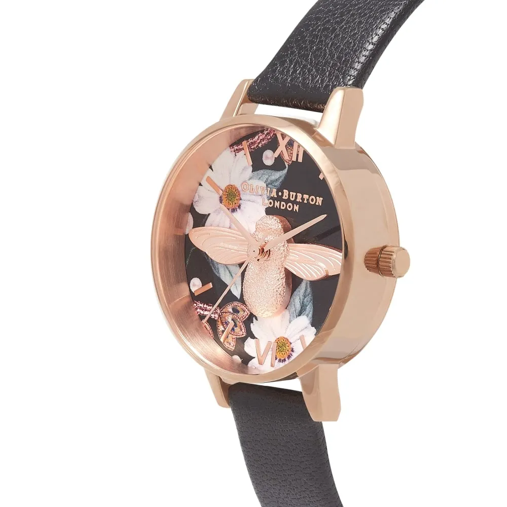 3D Bee Bejewelled Florals Midi Dial Black and Rose Gold Watch