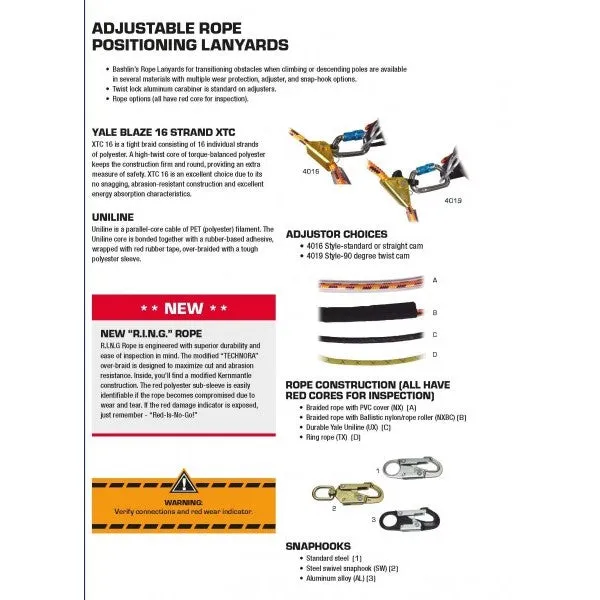 4016 Series Adjustable Rope Positioning Lanyard with Standard Adjuster