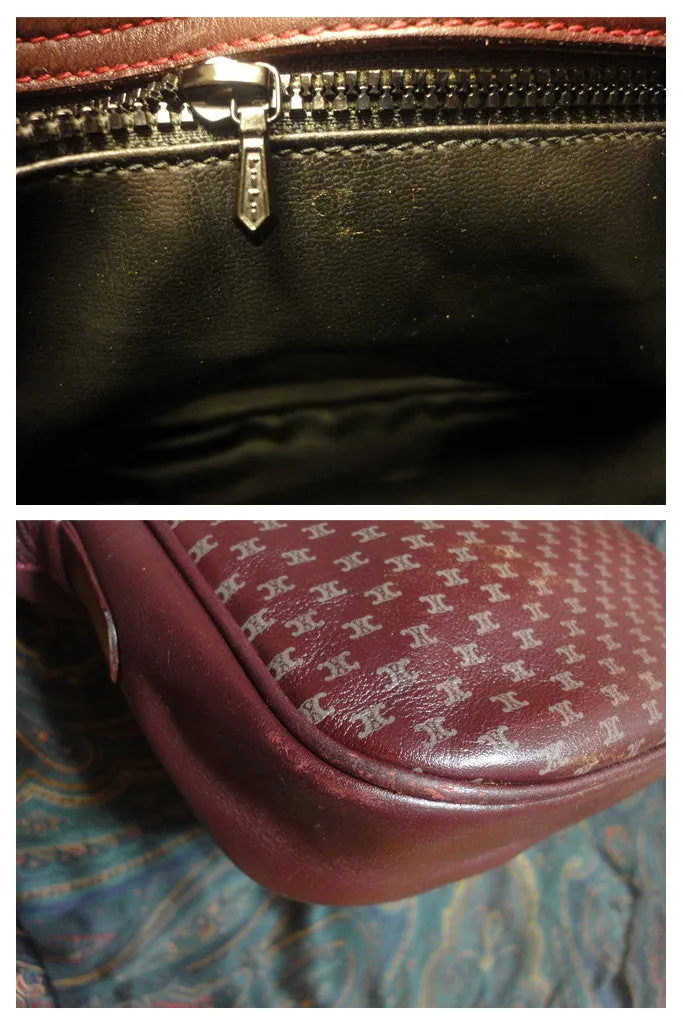 80's vintage Celine shoulder purse in bordeaux, burgundy leather with iconic blaison macadam print all over. riri zipper.