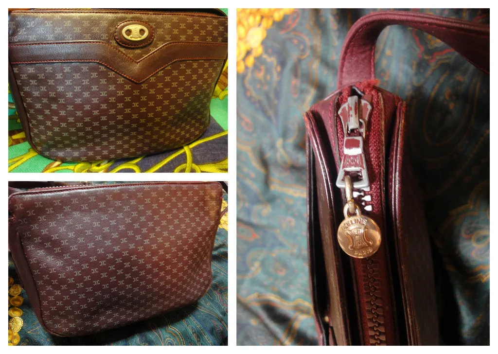 80's vintage Celine shoulder purse in bordeaux, burgundy leather with iconic blaison macadam print all over. riri zipper.