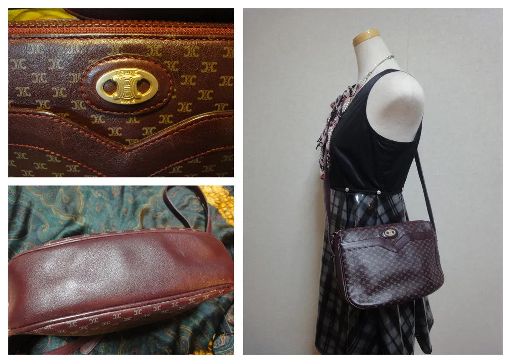 80's vintage Celine shoulder purse in bordeaux, burgundy leather with iconic blaison macadam print all over. riri zipper.