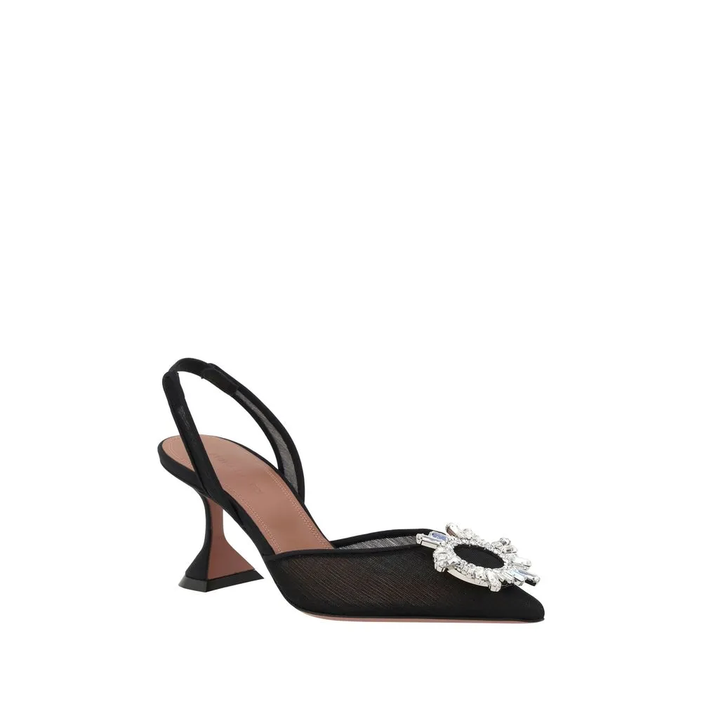 Amina Muaddi Women Black Sandals Crystals Party Spool High Heel Slingback Shoes