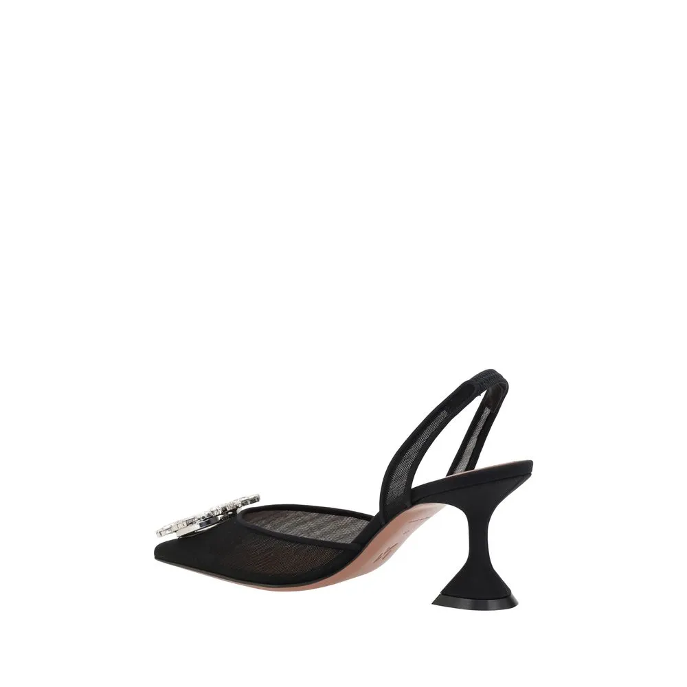 Amina Muaddi Women Black Sandals Crystals Party Spool High Heel Slingback Shoes