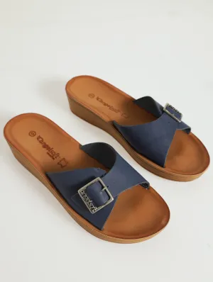 Anna Leather Mule Wedge Sandal - Navy