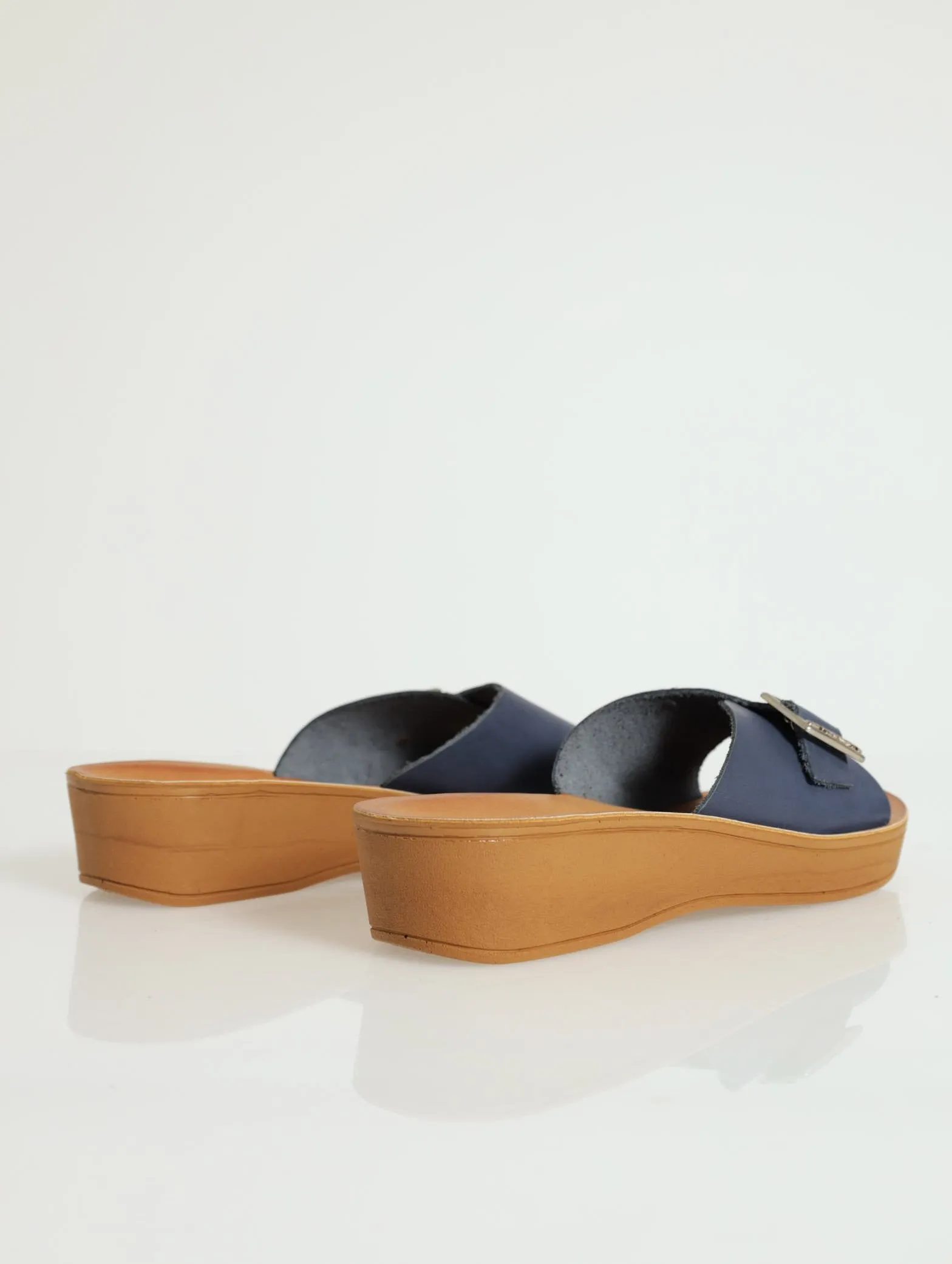 Anna Leather Mule Wedge Sandal - Navy