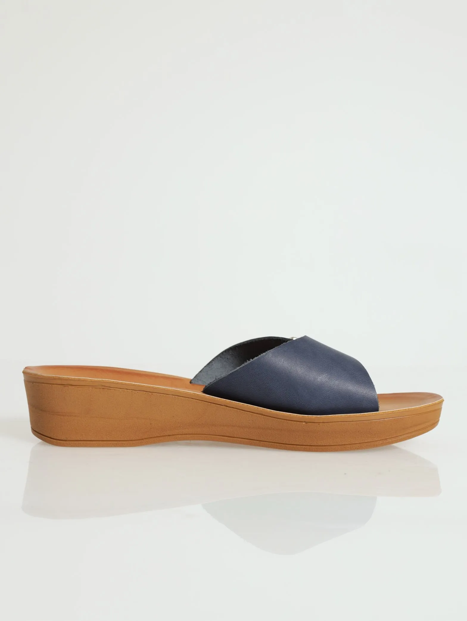 Anna Leather Mule Wedge Sandal - Navy