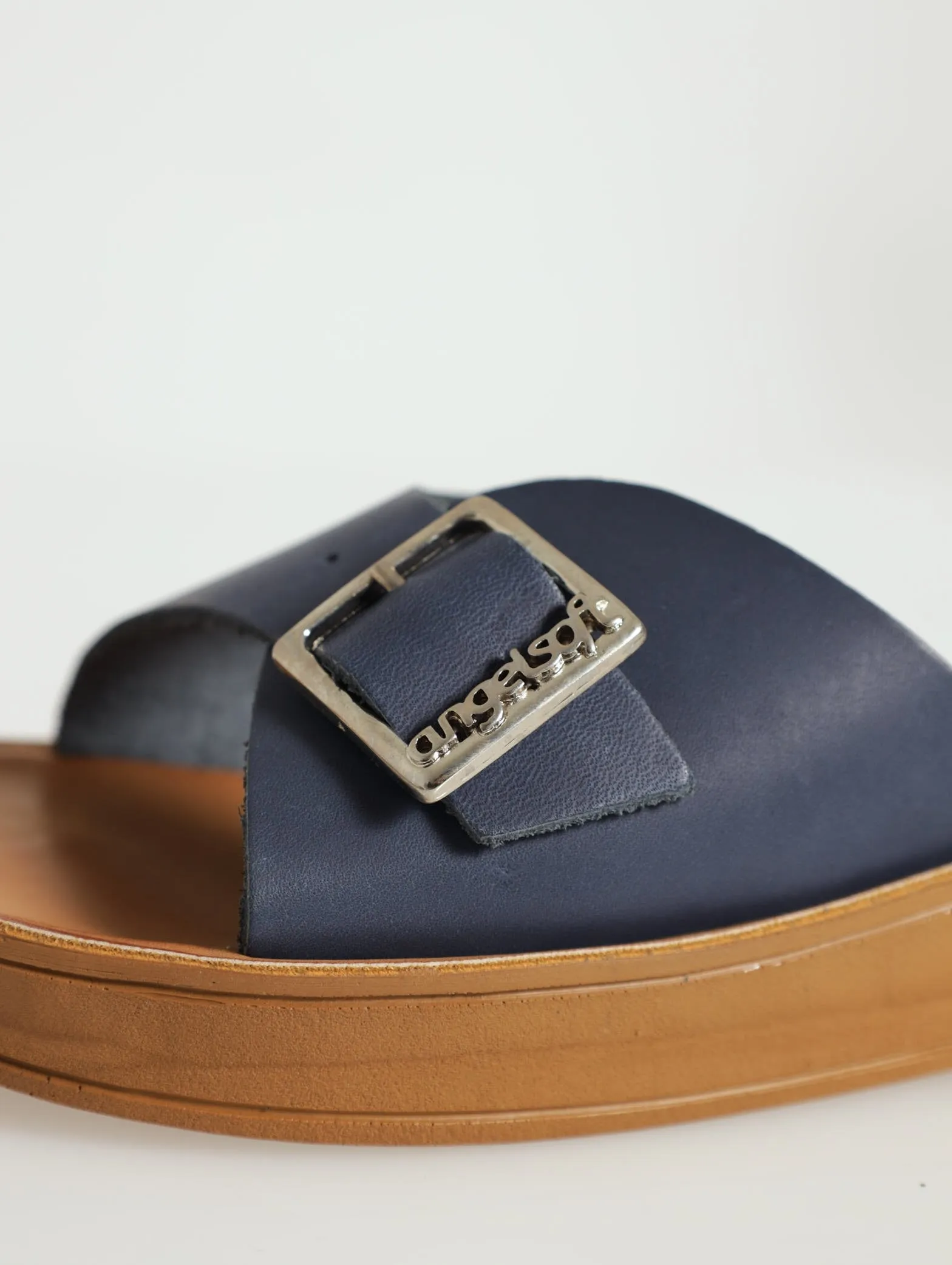 Anna Leather Mule Wedge Sandal - Navy