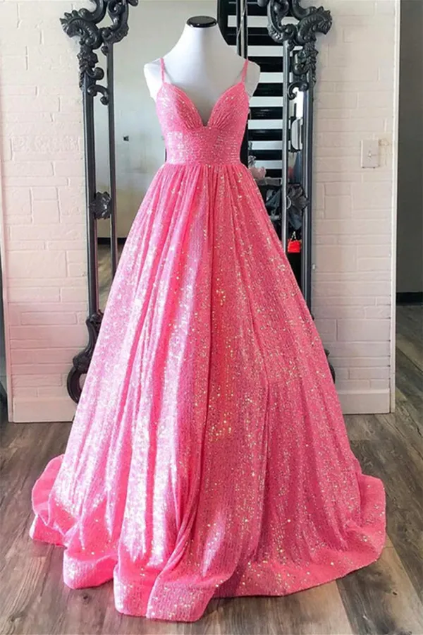 Anneprom Shiny Hot Pink Sequins V Neck Backless Long Prom Dress APP0551