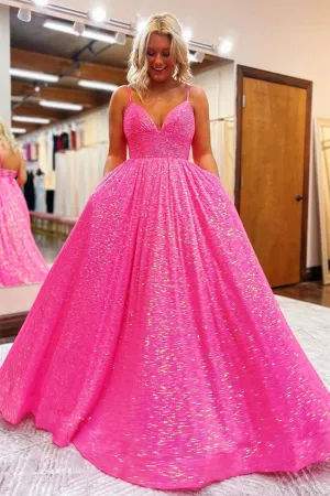 Anneprom Shiny Hot Pink Sequins V Neck Backless Long Prom Dress APP0551