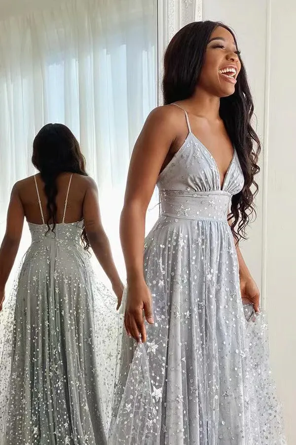 Anneprom Silver Tulle Spaghetti Straps V Neck Long Prom Dress With Slit, Evening Gown APP0640