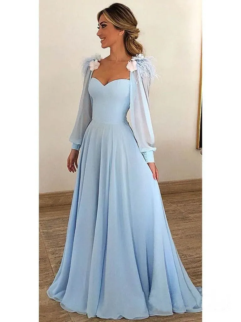 Anneprom Sky Blue Long Chiffon Prom Dresses With Sleeves Formal Dresses APP0303