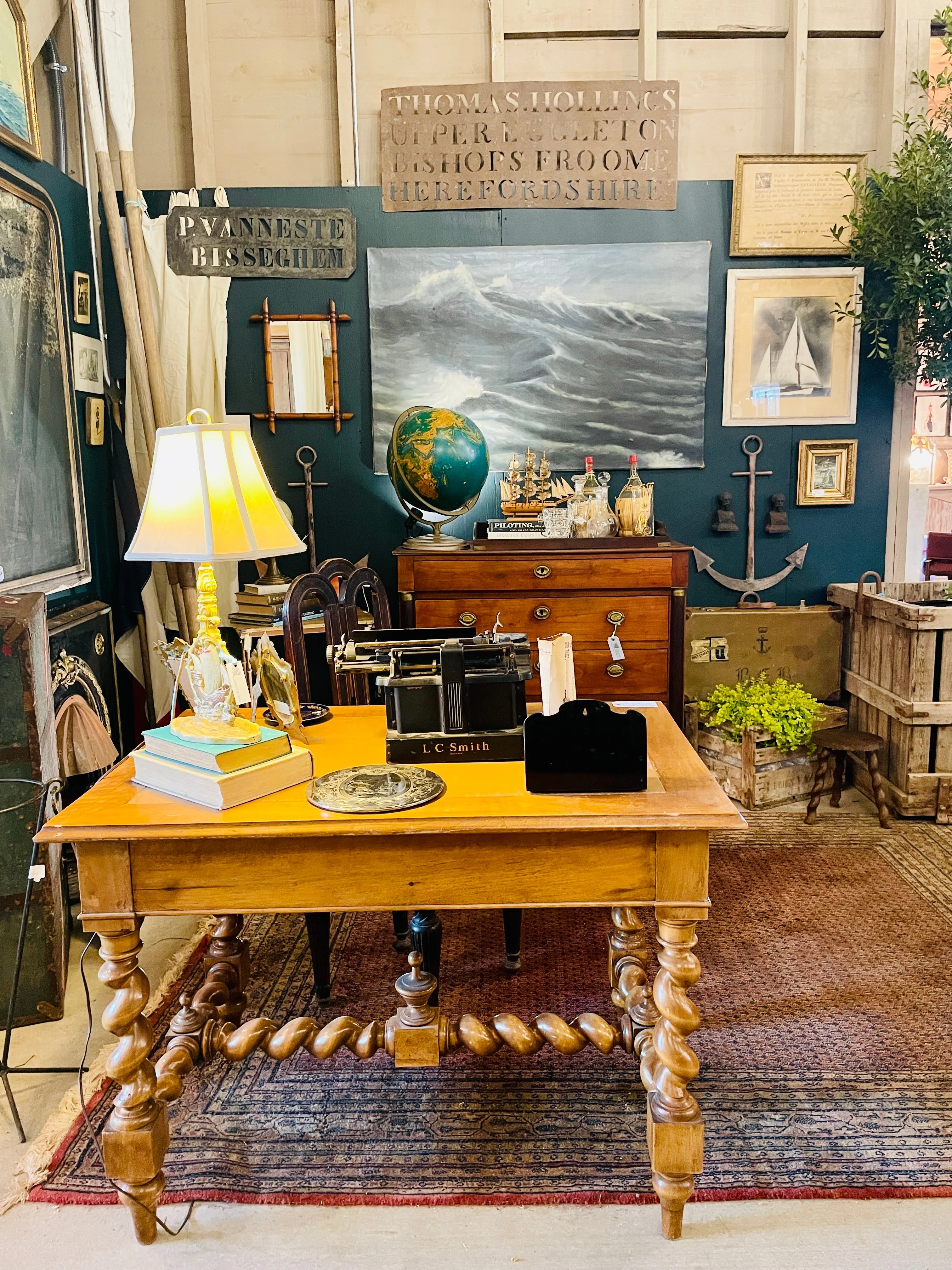 Antique French Barley Twist Desk with Embossed Leather Top