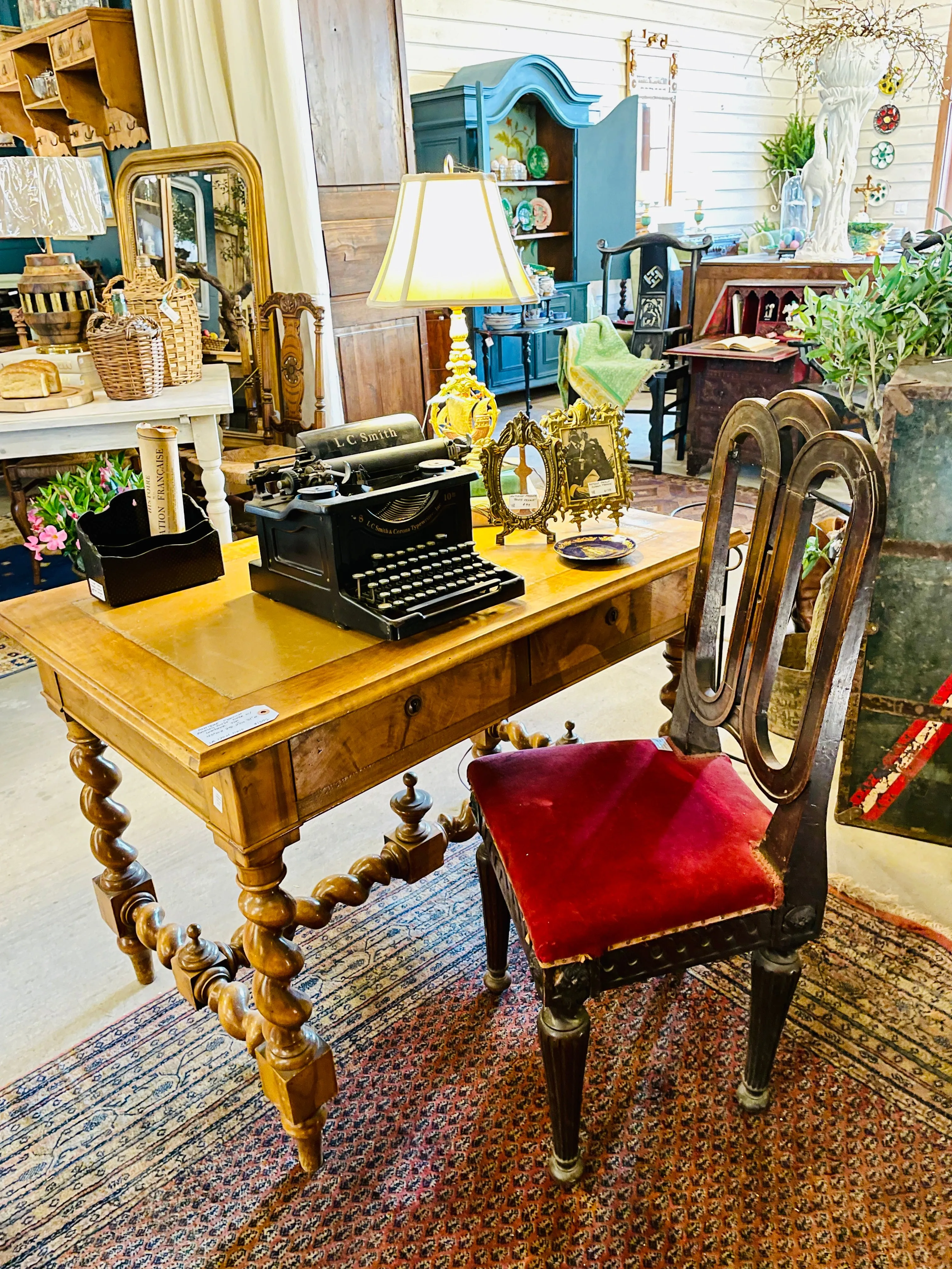 Antique French Barley Twist Desk with Embossed Leather Top