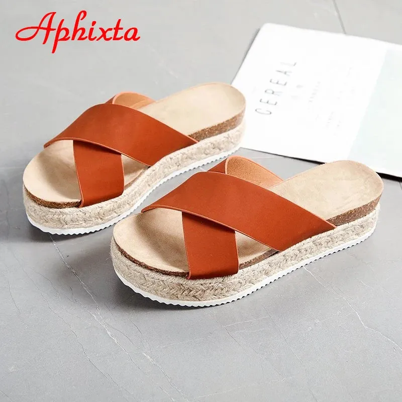 Aphixta Platform Slippers Women Summer Cool Beach Slides Women Bling Wedge Sequines Slippers Cross Flip Flops Shoes Big Size 43