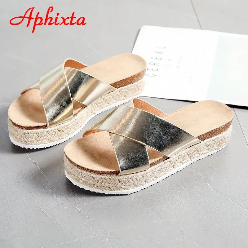 Aphixta Platform Slippers Women Summer Cool Beach Slides Women Bling Wedge Sequines Slippers Cross Flip Flops Shoes Big Size 43