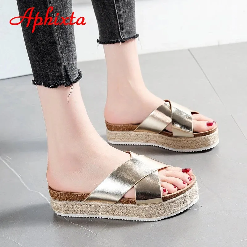 Aphixta Platform Slippers Women Summer Cool Beach Slides Women Bling Wedge Sequines Slippers Cross Flip Flops Shoes Big Size 43
