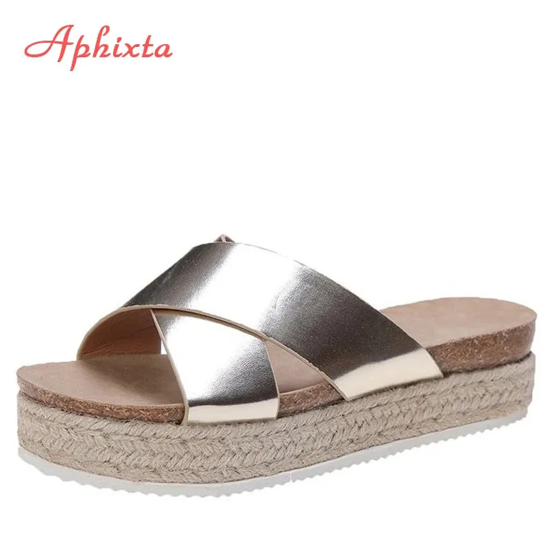 Aphixta Platform Slippers Women Summer Cool Beach Slides Women Bling Wedge Sequines Slippers Cross Flip Flops Shoes Big Size 43