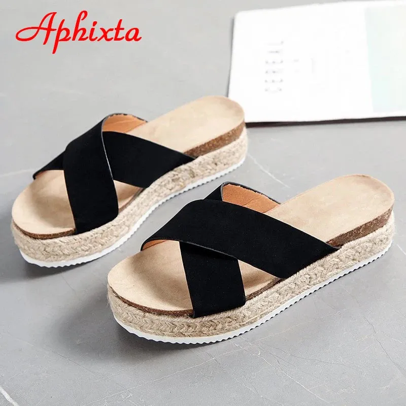 Aphixta Platform Slippers Women Summer Cool Beach Slides Women Bling Wedge Sequines Slippers Cross Flip Flops Shoes Big Size 43