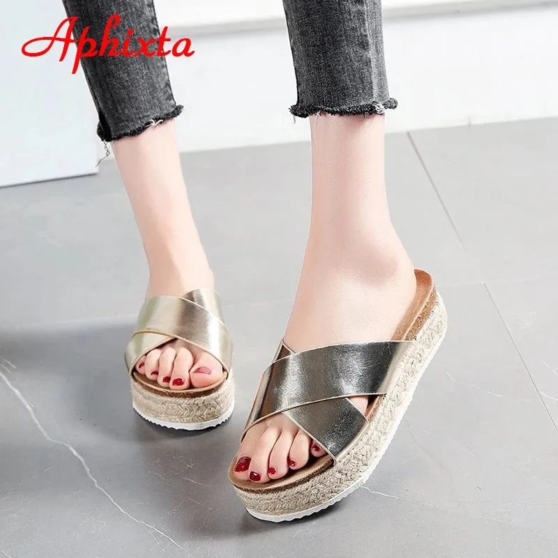 Aphixta Platform Slippers Women Summer Cool Beach Slides Women Bling Wedge Sequines Slippers Cross Flip Flops Shoes Big Size 43