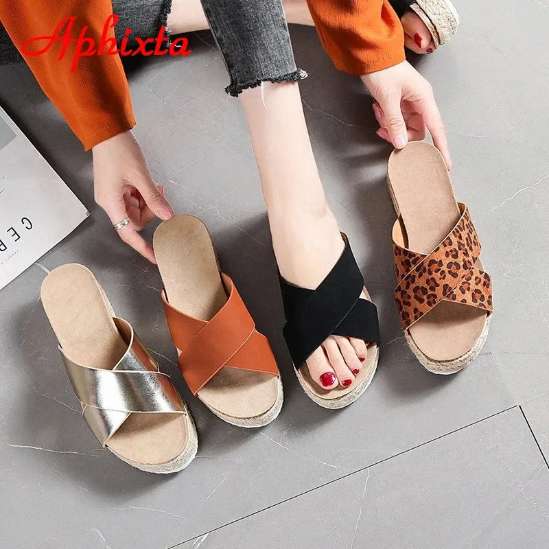Aphixta Platform Slippers Women Summer Cool Beach Slides Women Bling Wedge Sequines Slippers Cross Flip Flops Shoes Big Size 43