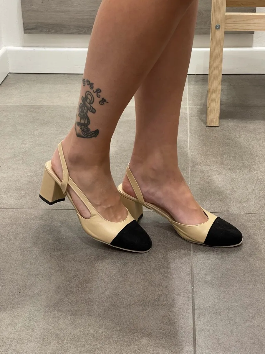 Ballerine slingback bicolor beige e nere con tacco 6 cm