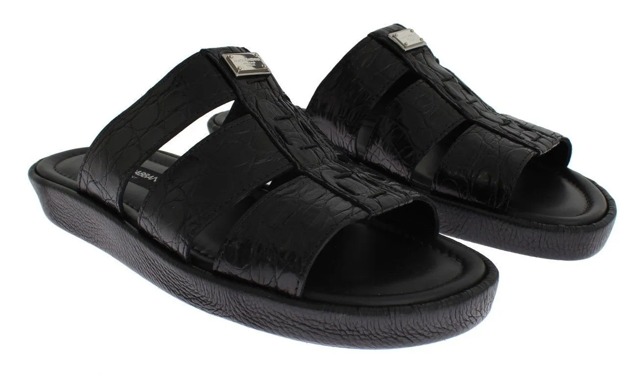 Black Caiman Crocodile Leather Sandal Shoes