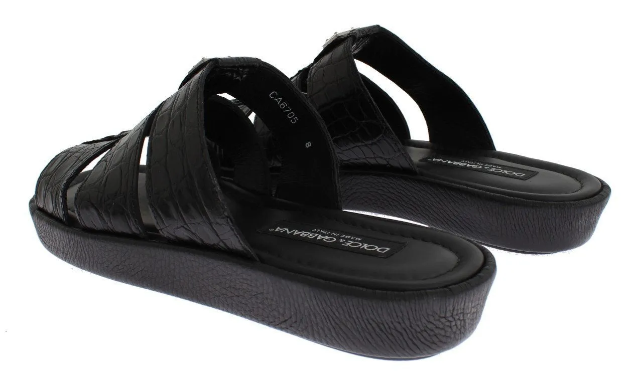 Black Caiman Crocodile Leather Sandal Shoes