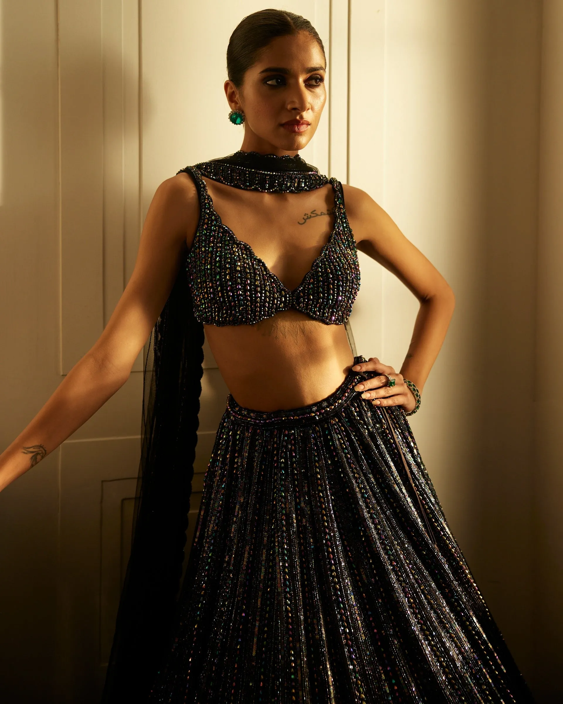 Black Crystal Linear Embroidered Lehenga Set