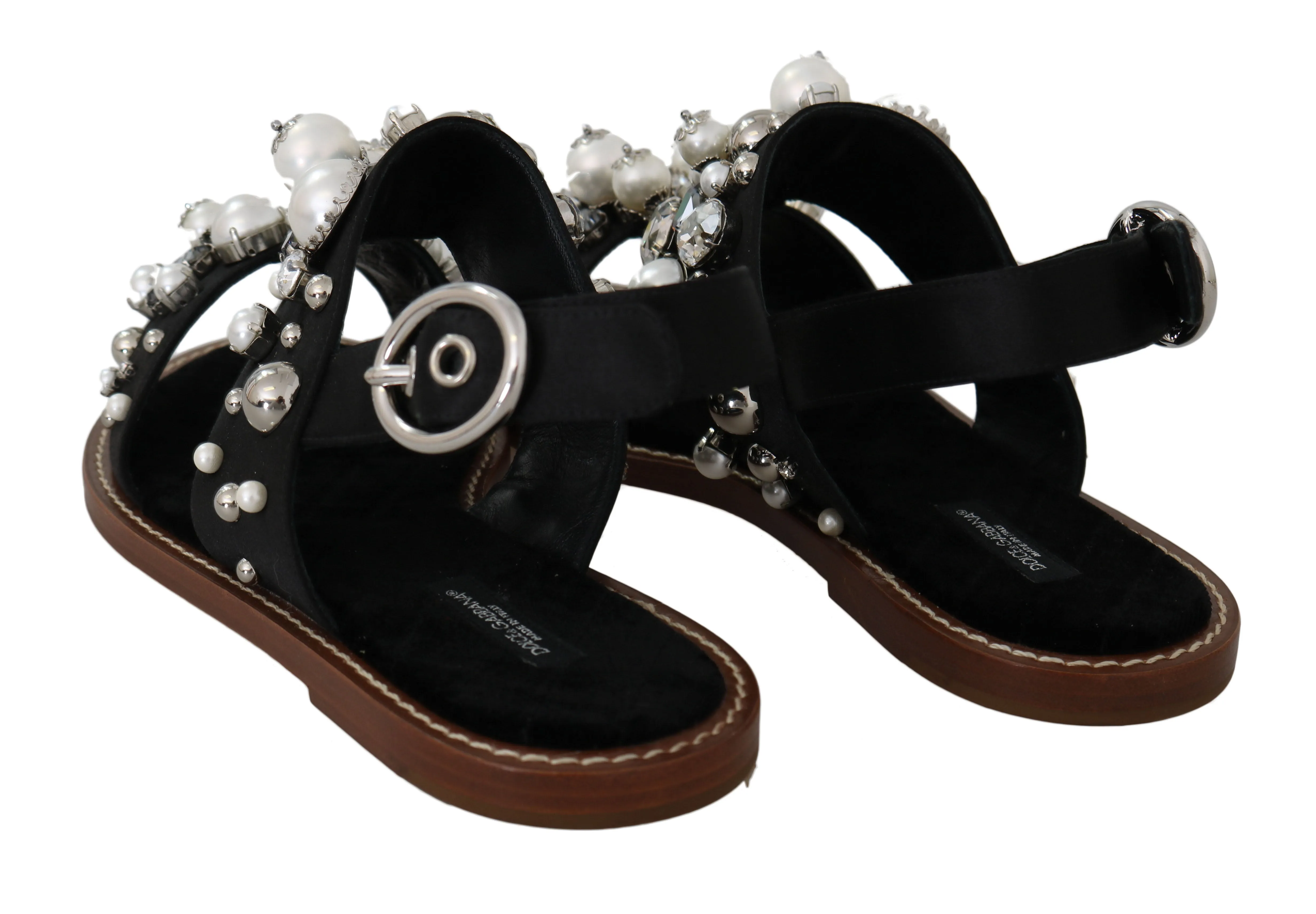 Black Silk Crystal Flat Sandals