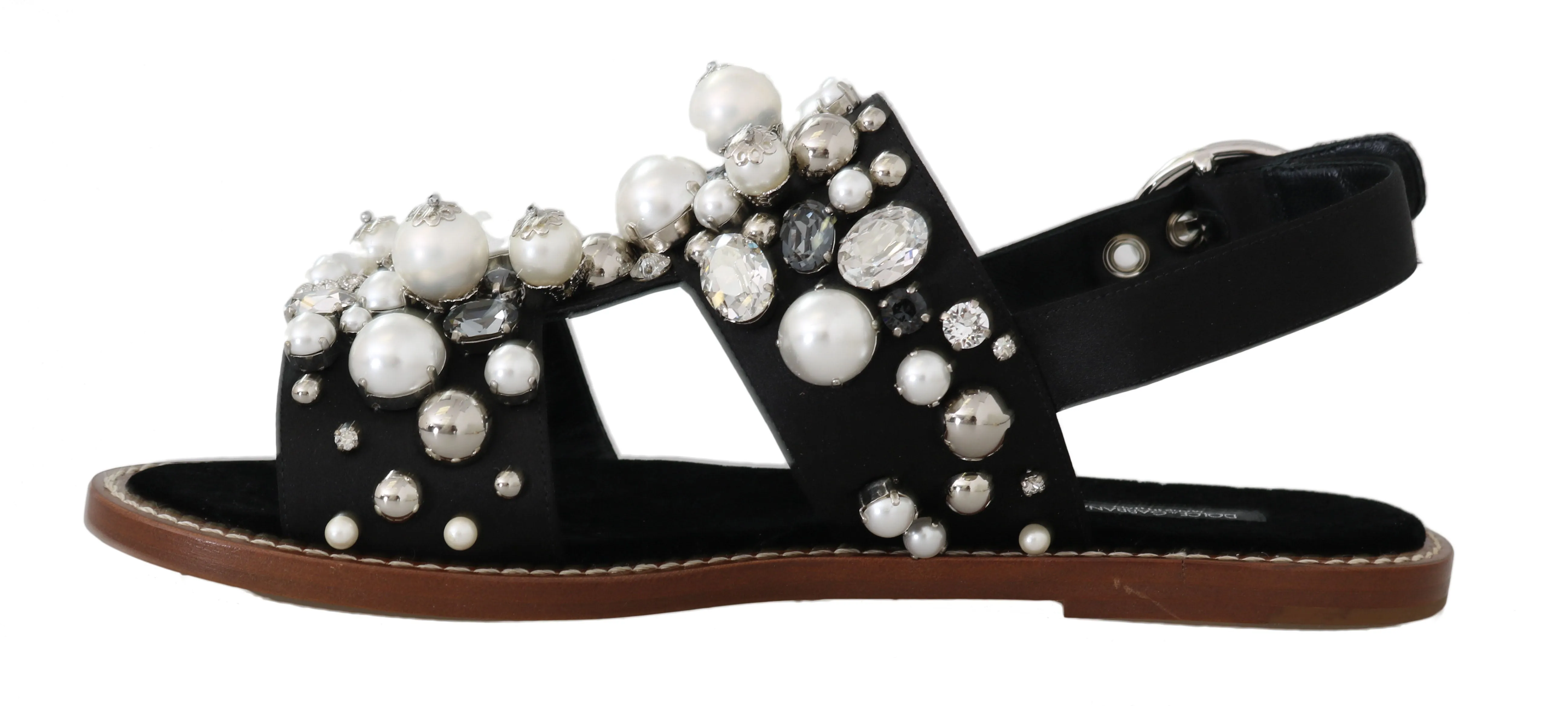 Black Silk Crystal Flat Sandals