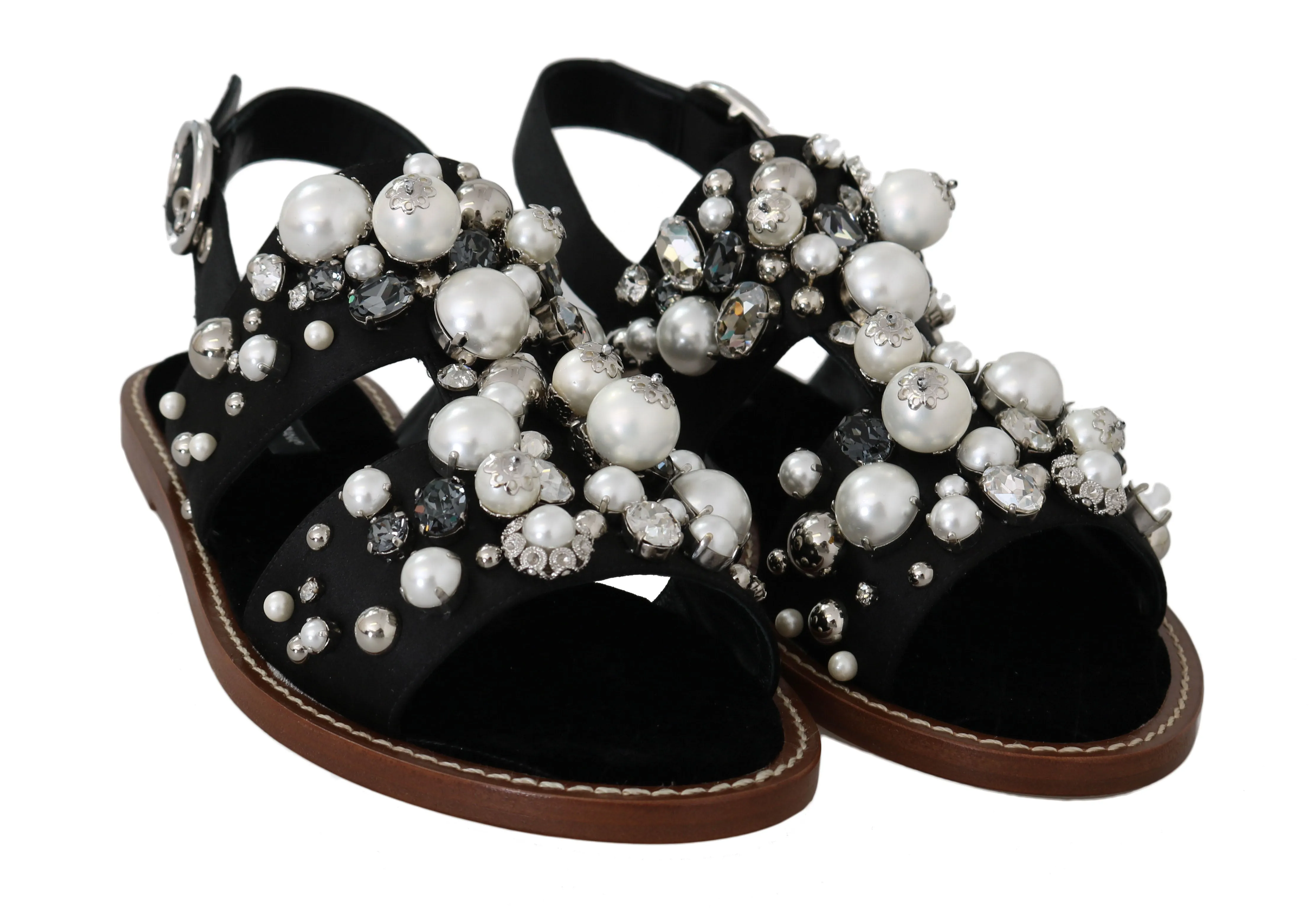 Black Silk Crystal Flat Sandals