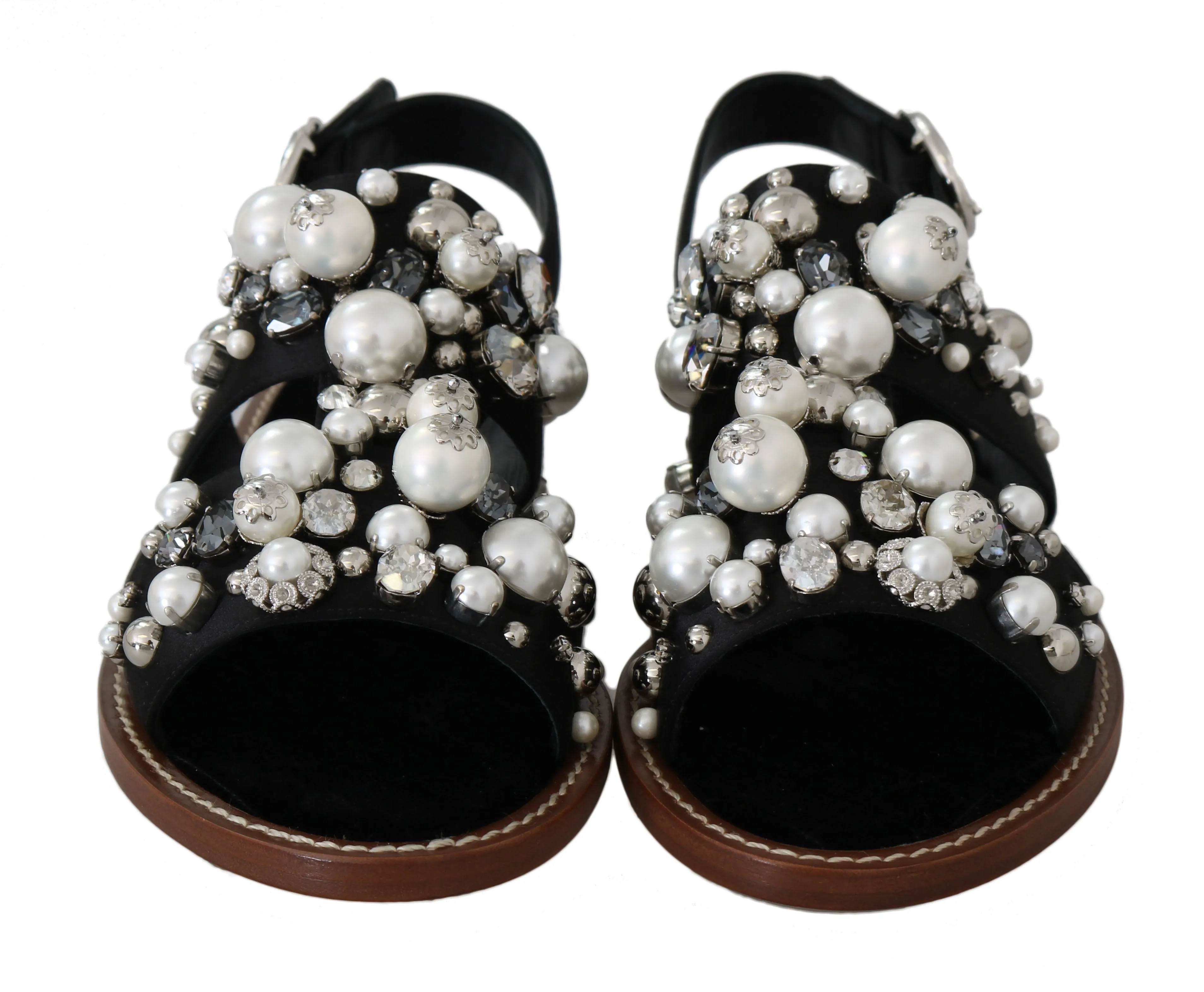 Black Silk Crystal Flat Sandals