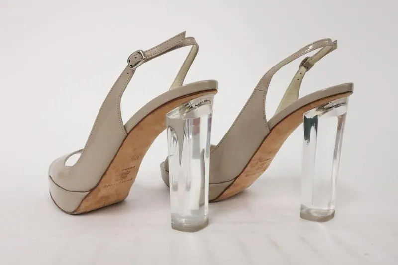 Brian Atwood Sandal Taupe Patent Leather Size 37.5 Lucite Heel Slingback