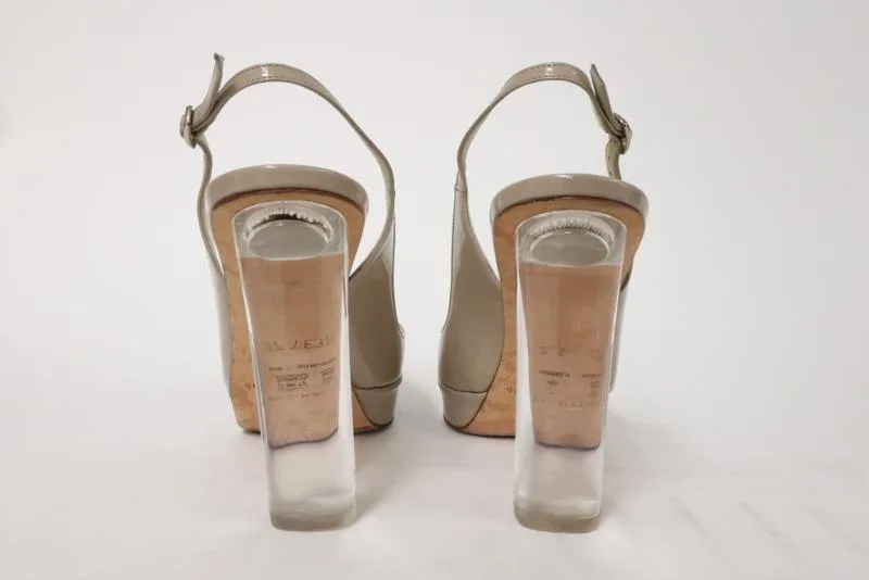 Brian Atwood Sandal Taupe Patent Leather Size 37.5 Lucite Heel Slingback