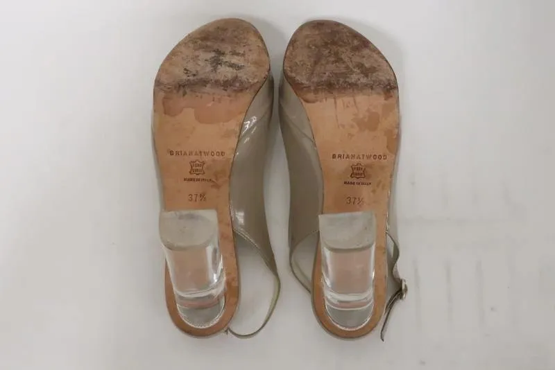 Brian Atwood Sandal Taupe Patent Leather Size 37.5 Lucite Heel Slingback