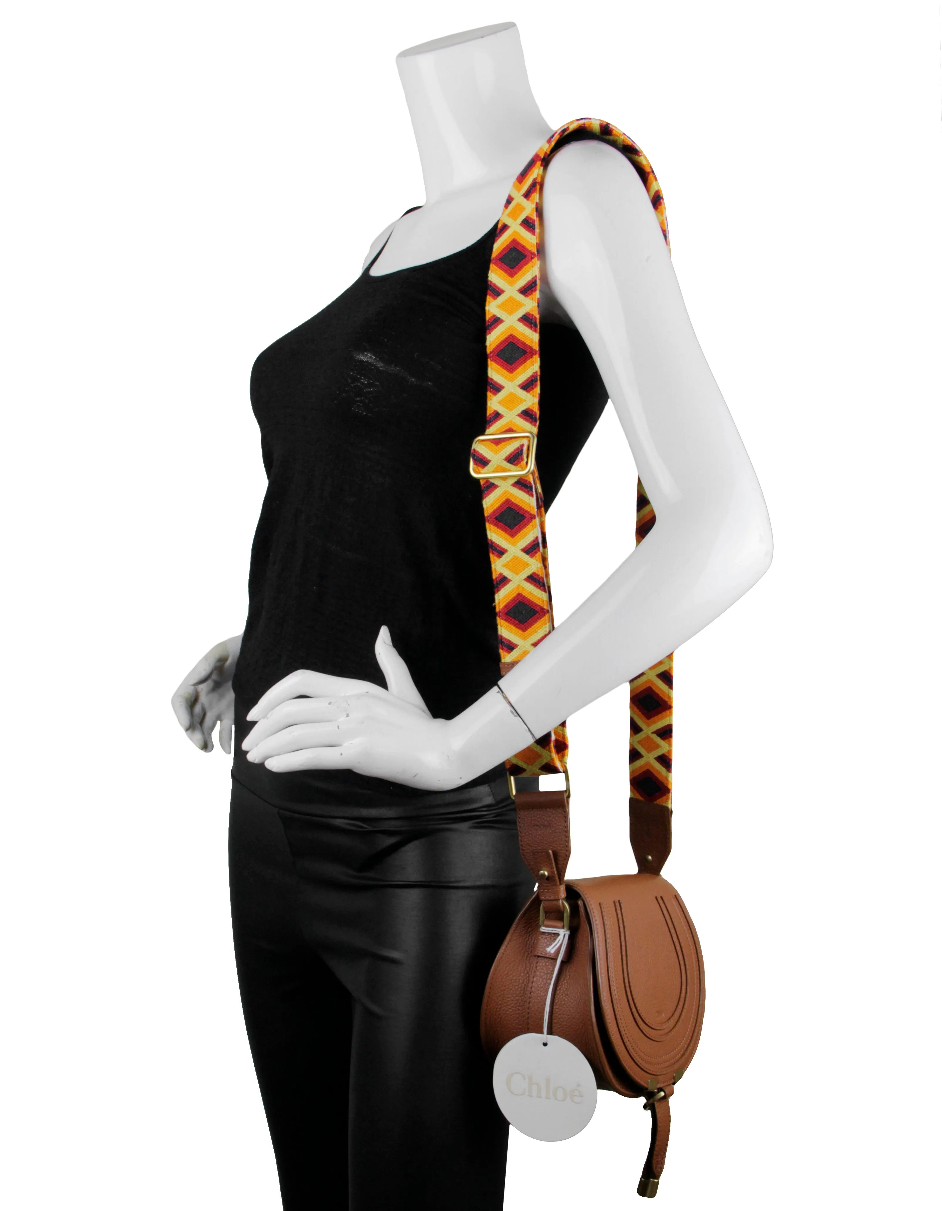 Chloe Tan Leather Small Marcie Saddle Crossbody Bag w/ Canvas Strap