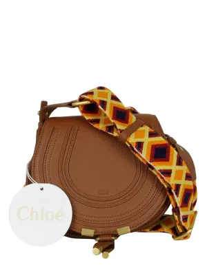 Chloe Tan Leather Small Marcie Saddle Crossbody Bag w/ Canvas Strap