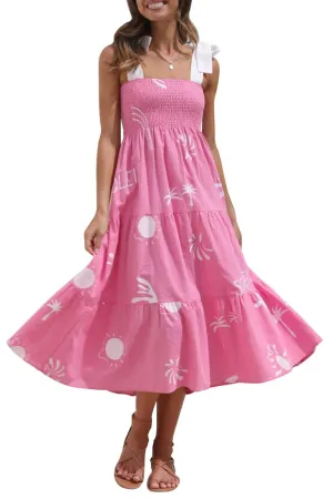 Chouyatou Women's Cute Printed Tie Strap Smocked Midi Dress Tiered Ruffled Swing Summer Dress