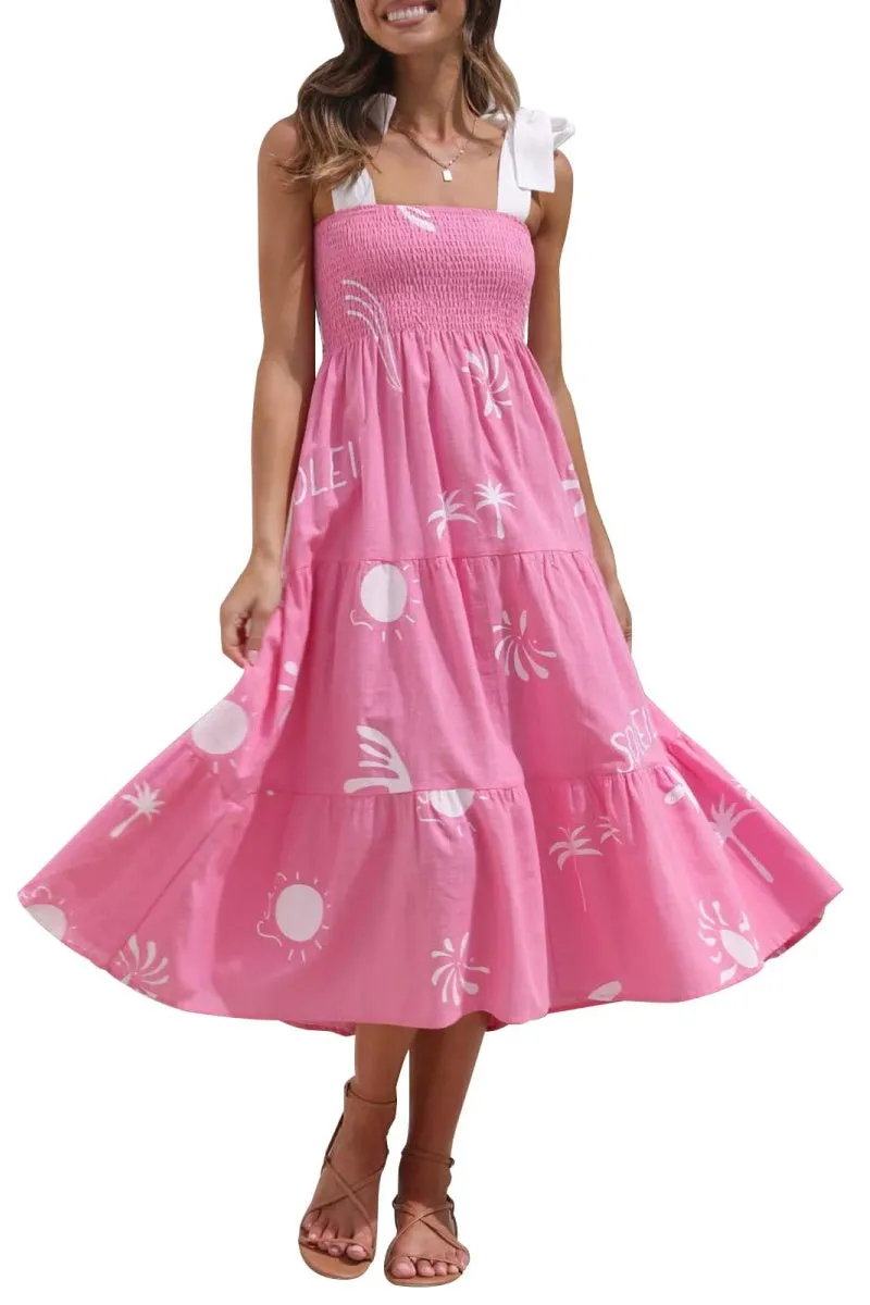 Chouyatou Women's Cute Printed Tie Strap Smocked Midi Dress Tiered Ruffled Swing Summer Dress