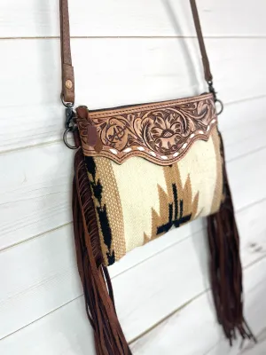 Churro Tan & Cream Wool Pattern with Leather Tooled Fringe Bag