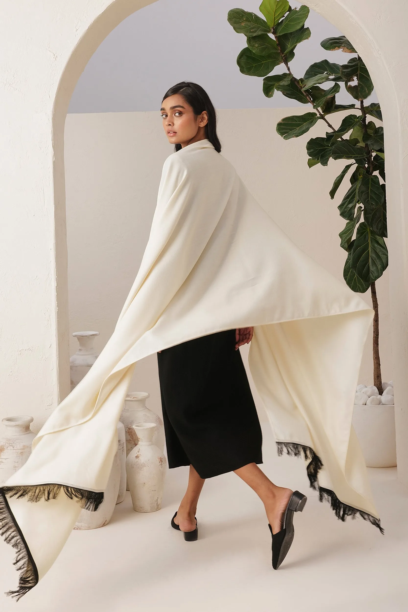 Colmar Woollen Dress & Sand Woollen Shawl (Ivory & Black)
