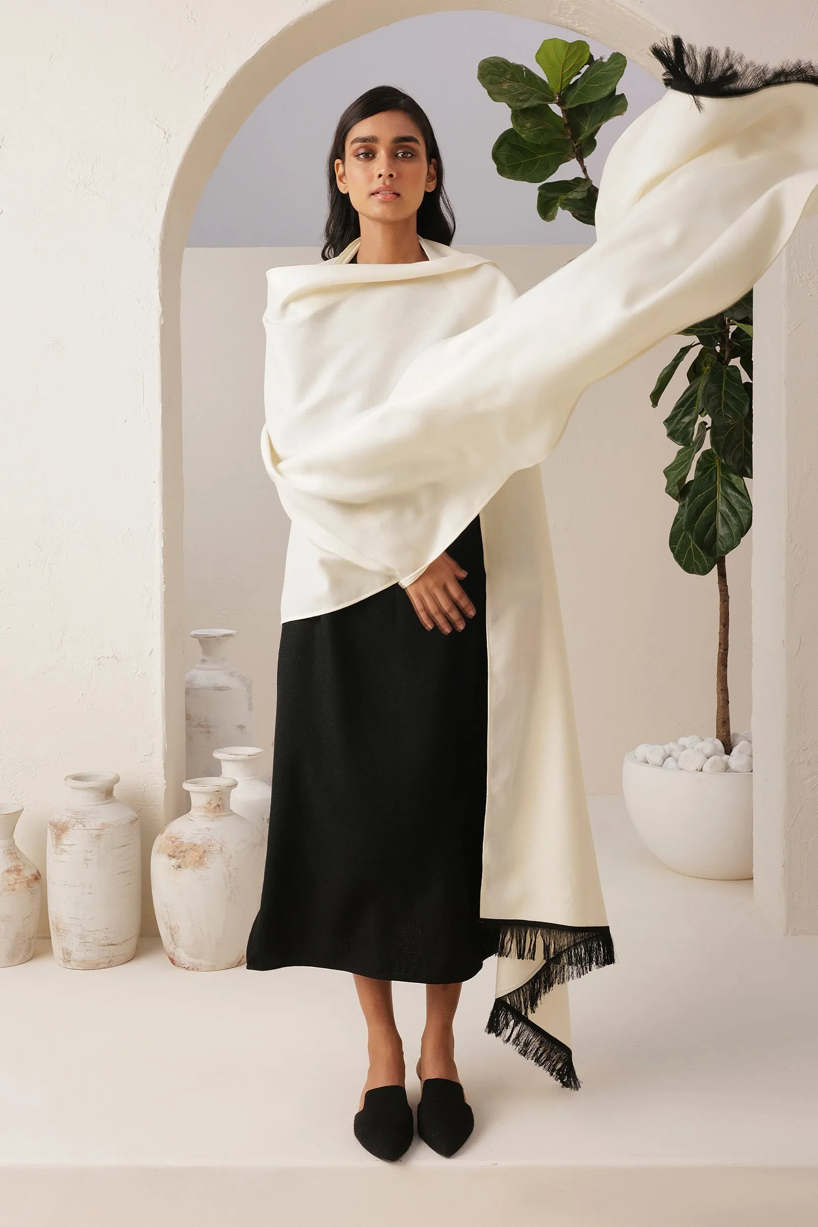 Colmar Woollen Dress & Sand Woollen Shawl (Ivory & Black)