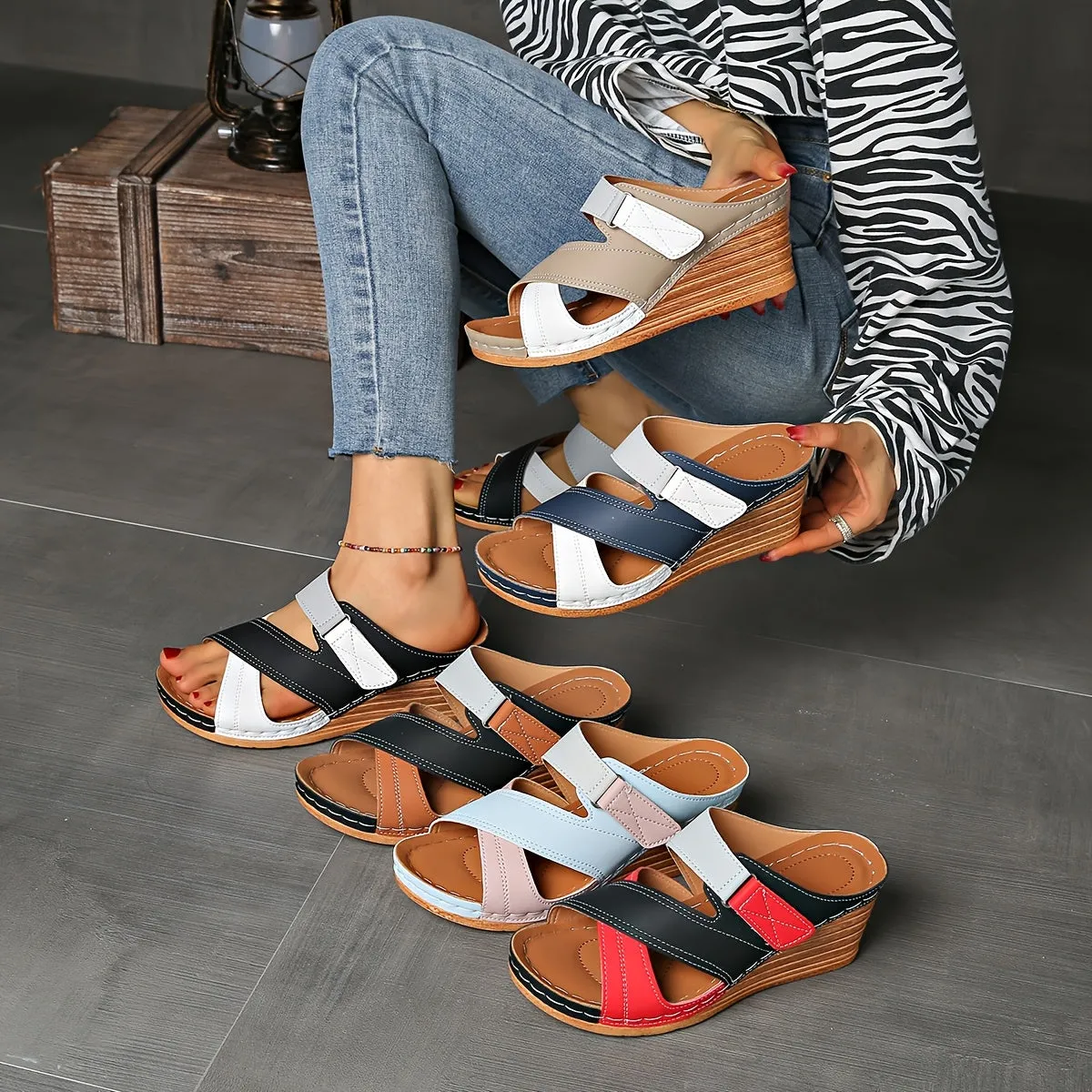 [Comfortable Sandals] Comfortable Women's Two-Tone Wedge Sandals | Adjustable Straps, Open Toe, Platform Heel, White & Black, Cross Design, Casual Footwear