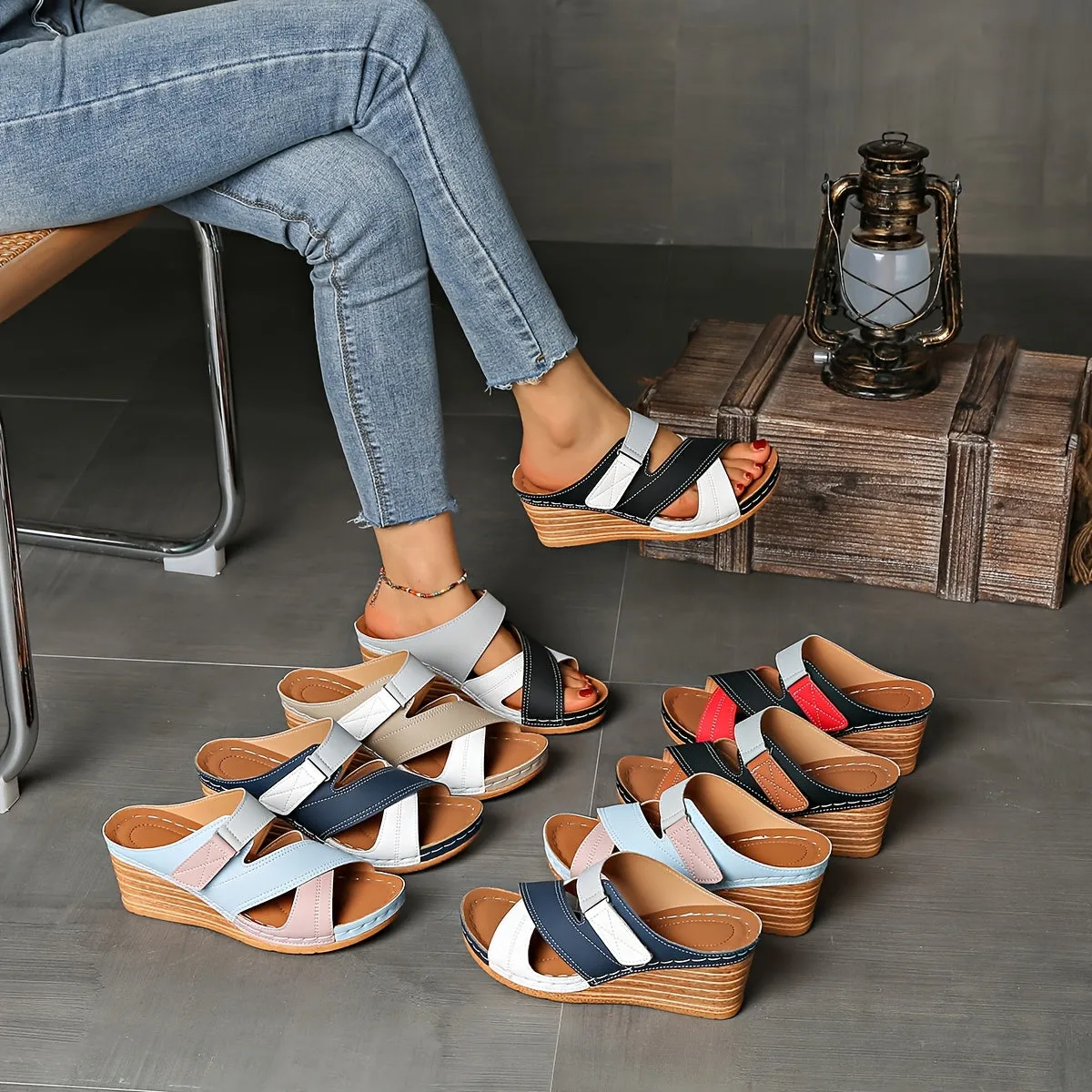 [Comfortable Sandals] Comfortable Women's Two-Tone Wedge Sandals | Adjustable Straps, Open Toe, Platform Heel, White & Black, Cross Design, Casual Footwear