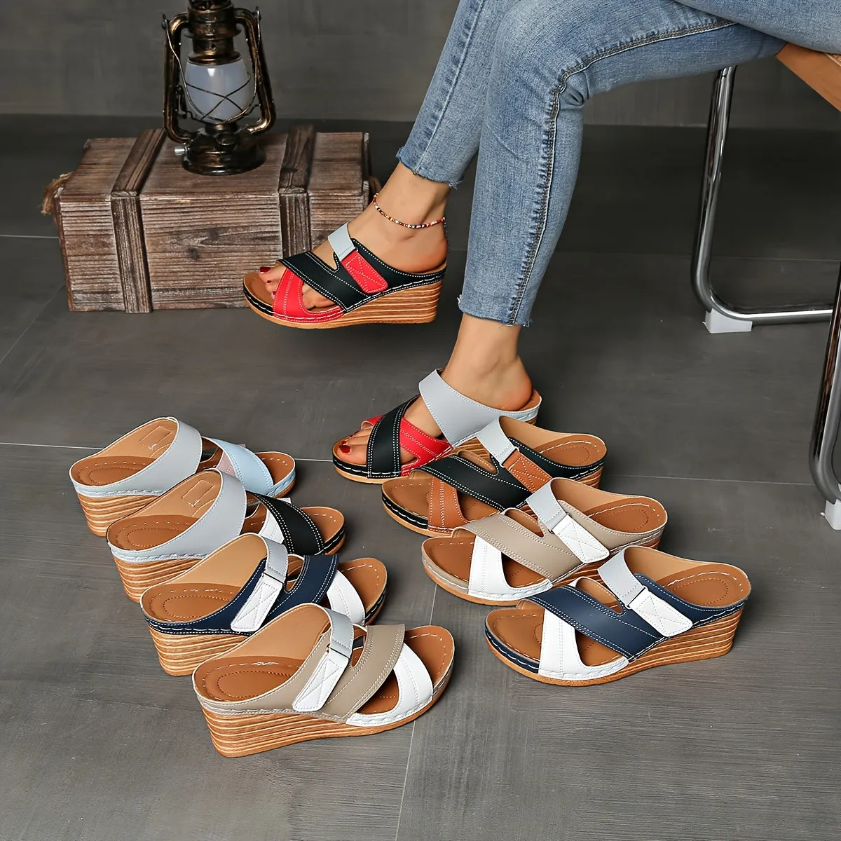 [Comfortable Sandals] Comfortable Women's Two-Tone Wedge Sandals | Adjustable Straps, Open Toe, Platform Heel, White & Black, Cross Design, Casual Footwear