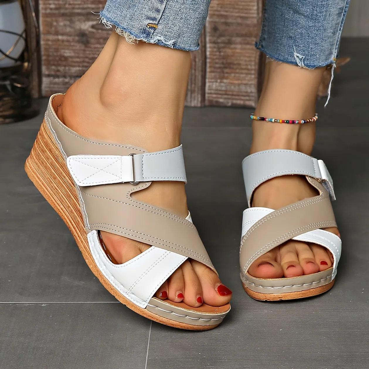 [Comfortable Sandals] Comfortable Women's Two-Tone Wedge Sandals | Adjustable Straps, Open Toe, Platform Heel, White & Black, Cross Design, Casual Footwear