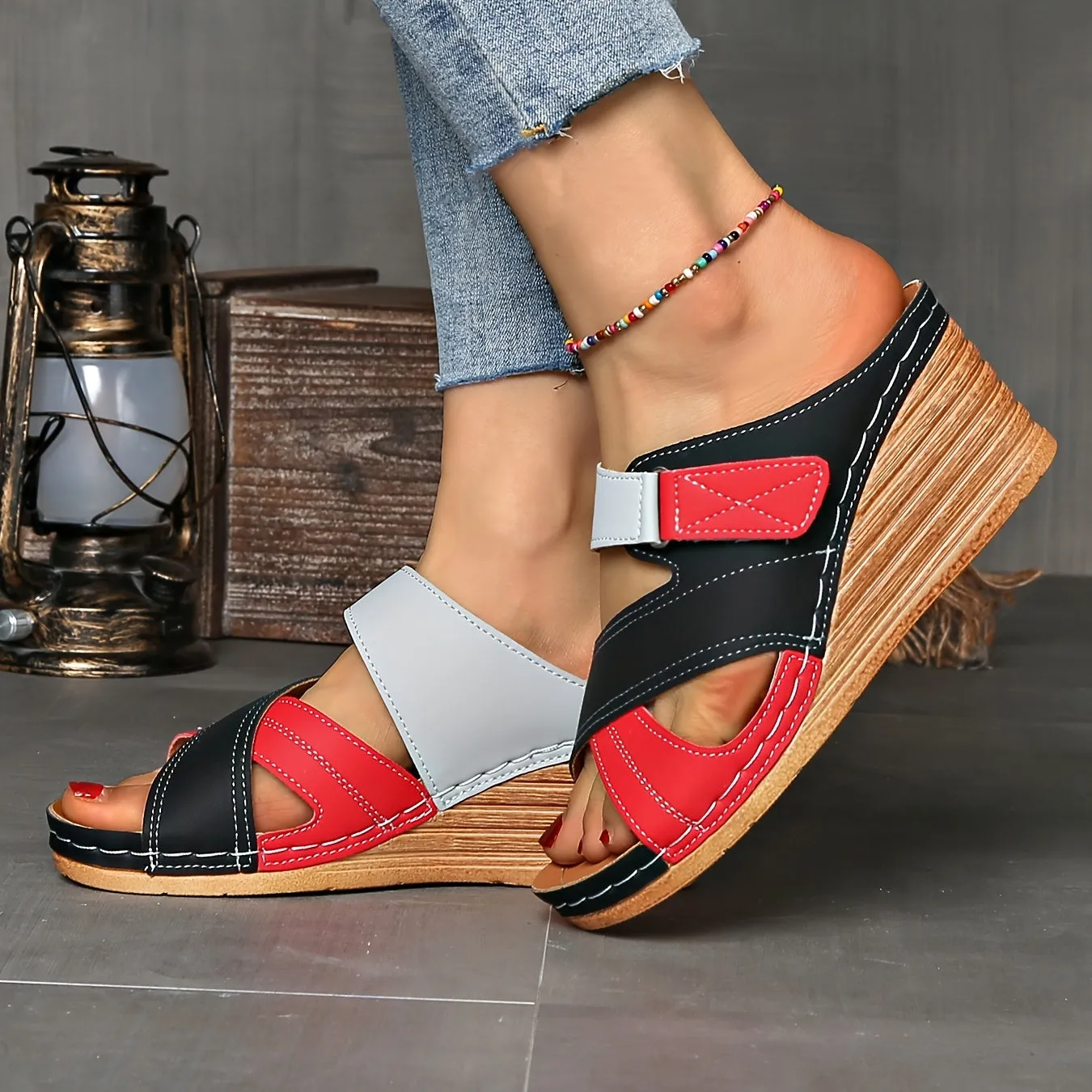 [Comfortable Sandals] Comfortable Women's Two-Tone Wedge Sandals | Adjustable Straps, Open Toe, Platform Heel, White & Black, Cross Design, Casual Footwear