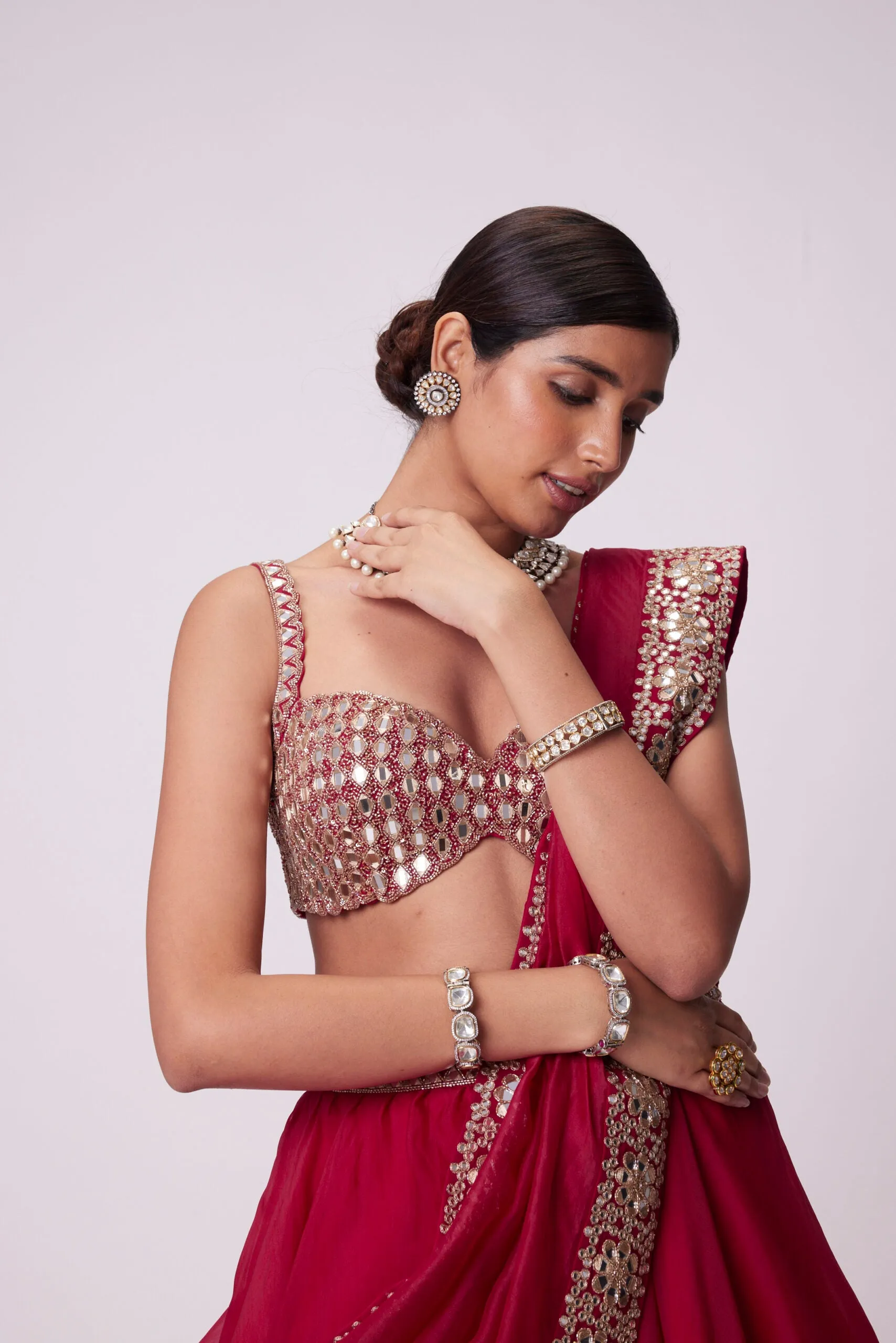 Crimson Red Organza Hand Embroidered Lehenga Set